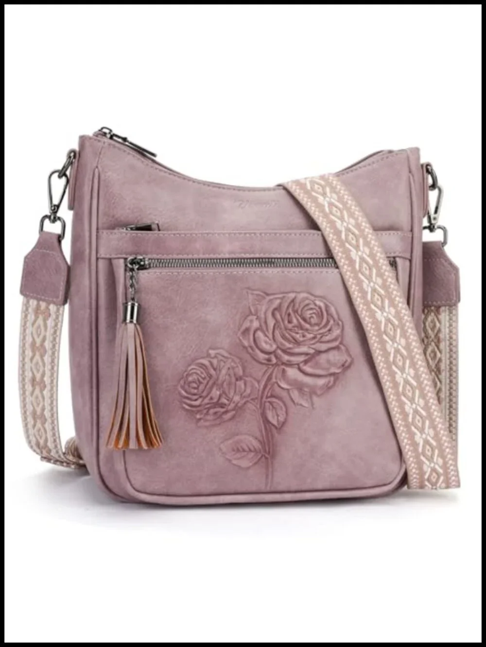 Vegan Leather Hobo Crossbody Bag Embossed Floral Shoulder Purse